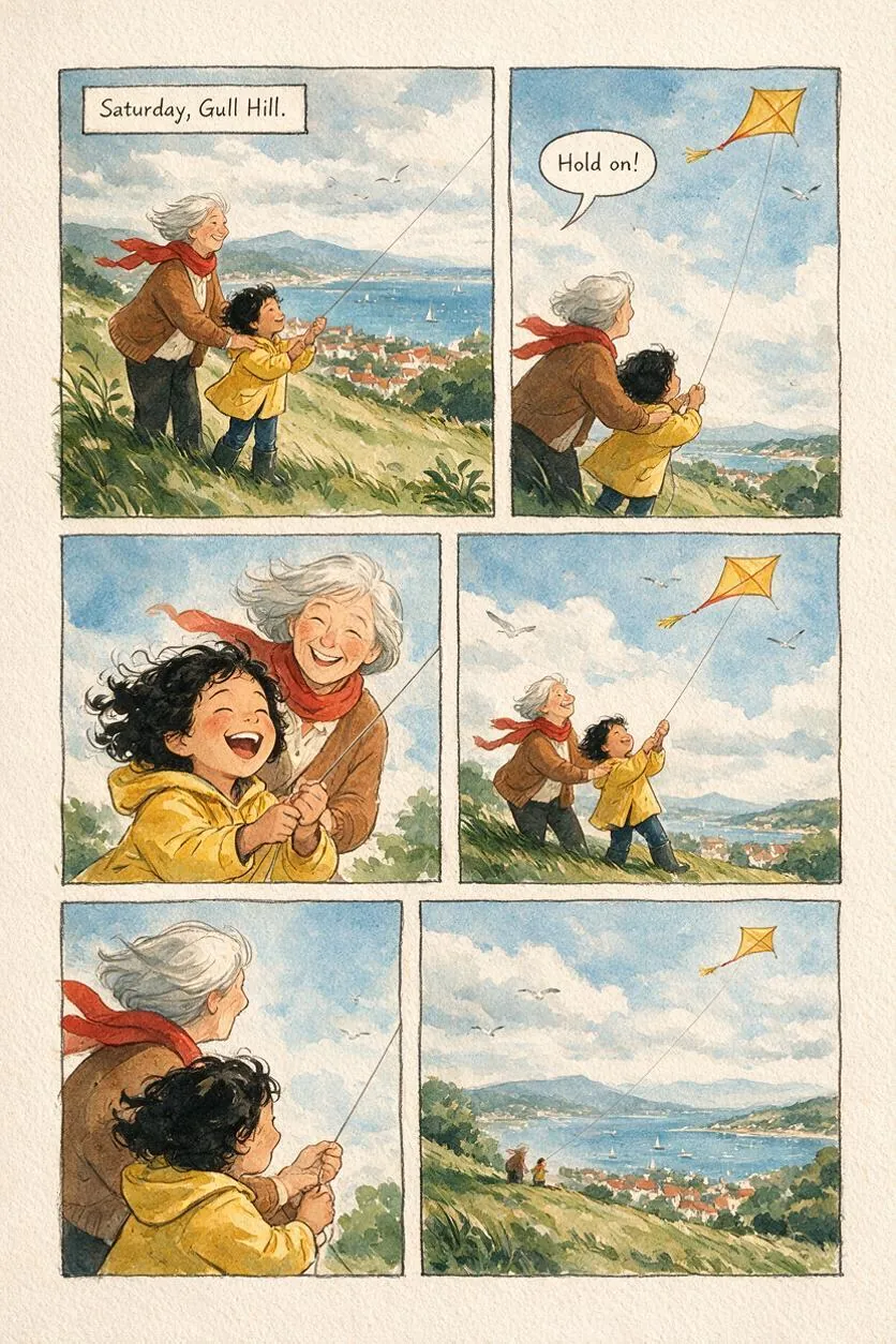 The kite story as a comic book page.