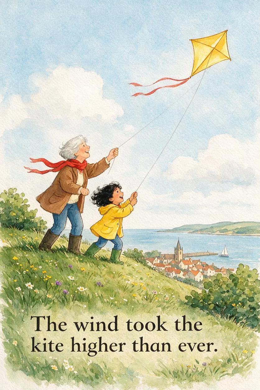 A storybook page from the kite story, in the painterly look.
