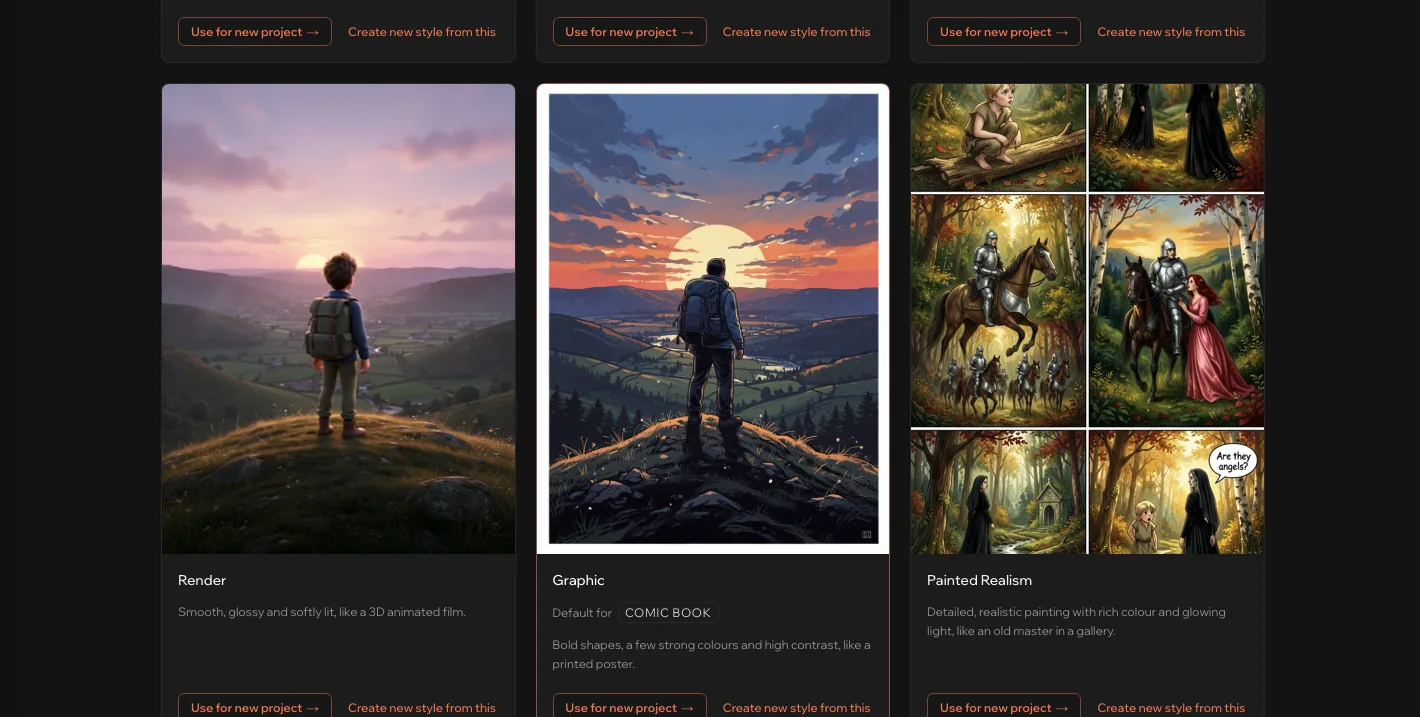 The Style Gallery showing the Render, Graphic and Painted Realism looks, each with a sample picture and buttons to use it or make a new style from it.