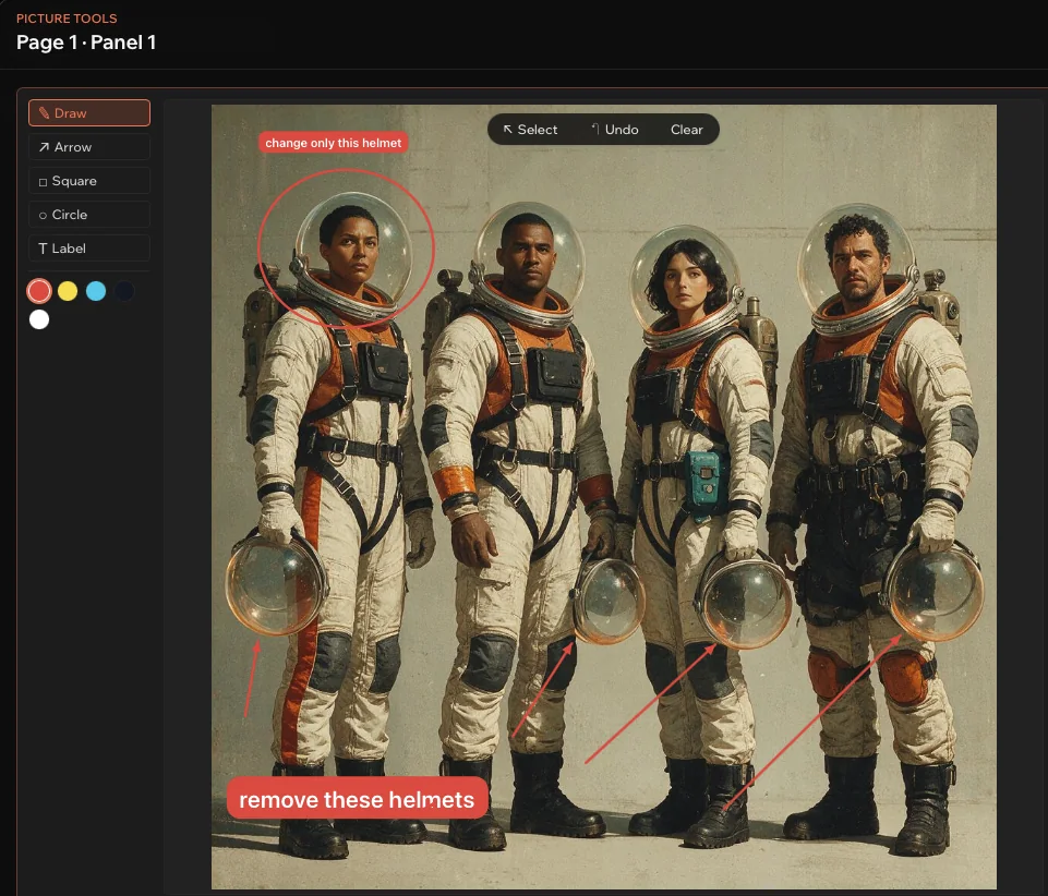 Picture tools on a panel of four astronauts: one helmet circled with a note saying change only this helmet, and arrows to the others labelled remove these helmets.