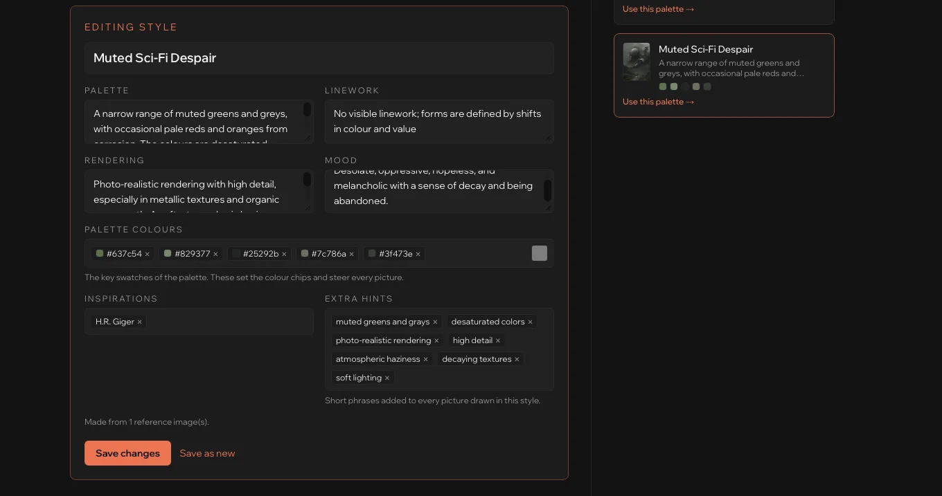 The Style Editor with a style called Muted Sci-Fi Despair: palette, linework, rendering and mood written out, with colour swatches and inspirations.